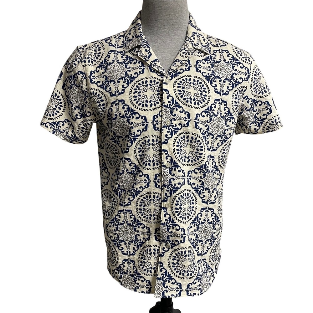 Ike Behar Blue Mediterranean Tile Button Up Shirt Men's Large
